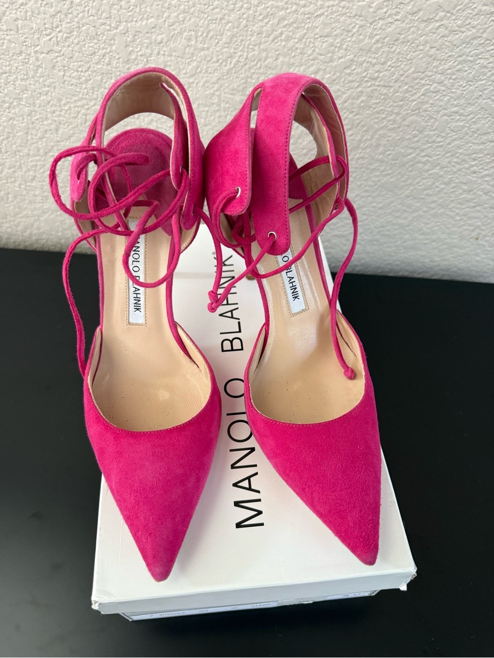 Manolo Blahnik Hot Pink Suede Pointed Lace-Up Pumps